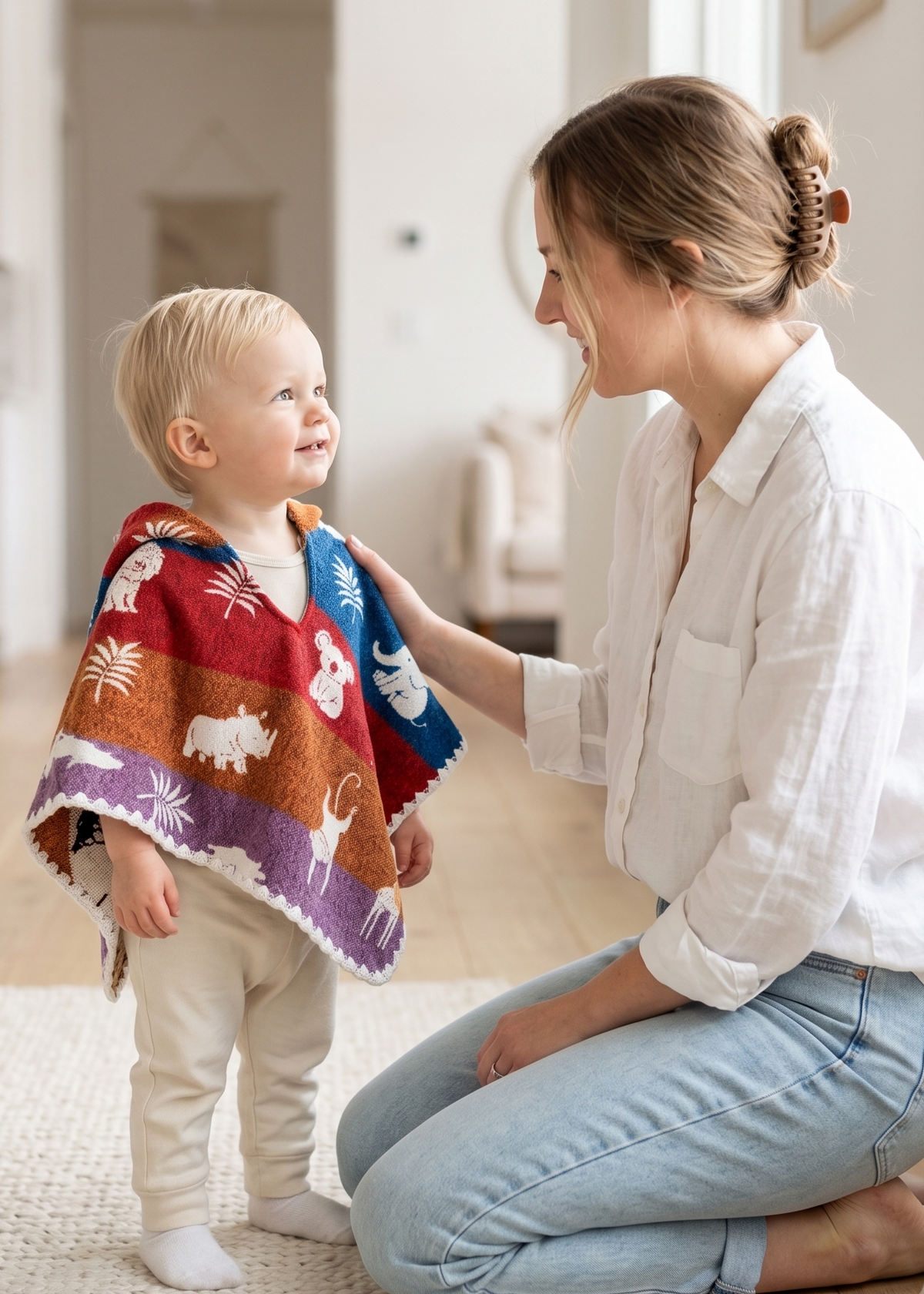 A toddler stands on a light rug indoors while a woman kneels beside them, holding and adjusting a colorful woven poncho with animal and floral motifs. The room has bright natural light, wood floors, and a softly blurred neutral interior background.