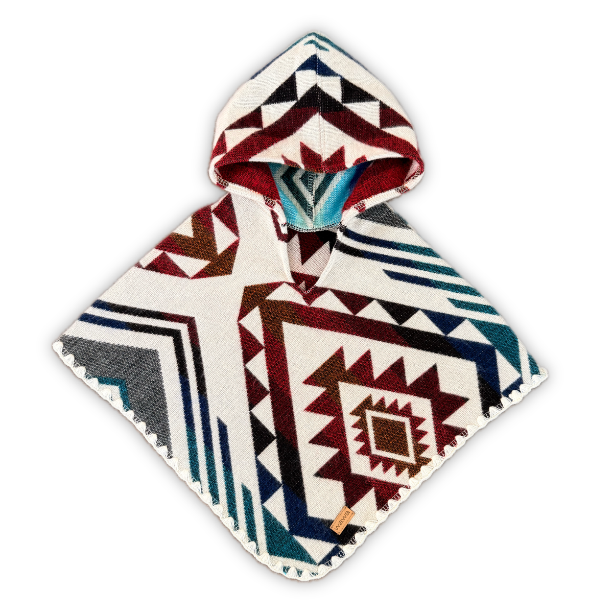 A hooded poncho with a Southwestern geometric pattern in cream, burgundy, navy, and gray, displayed on a clean white background.