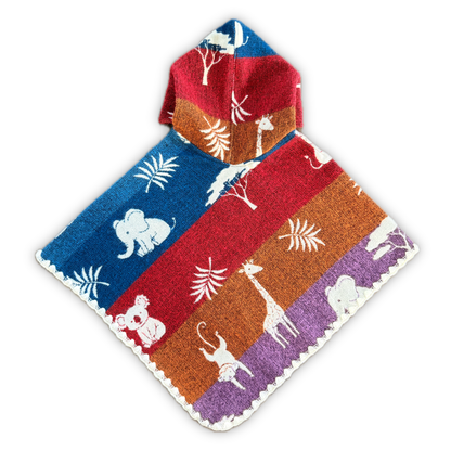 A hooded baby poncho with a colorful striped pattern of blue, red, orange, and purple, decorated with white animal and plant motifs, shown on a plain white background.