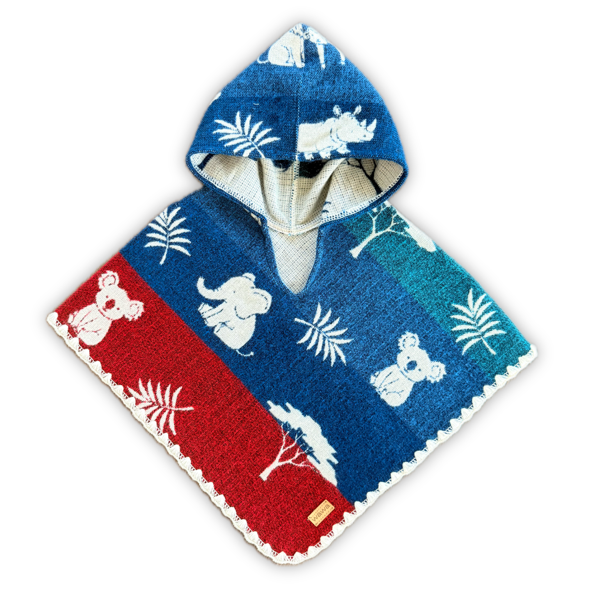 A hooded baby poncho with a colorful animal and tree pattern, featuring blue, teal, and red sections with white koalas, elephants, rhinos, and palm leaves, shown on a plain white background.